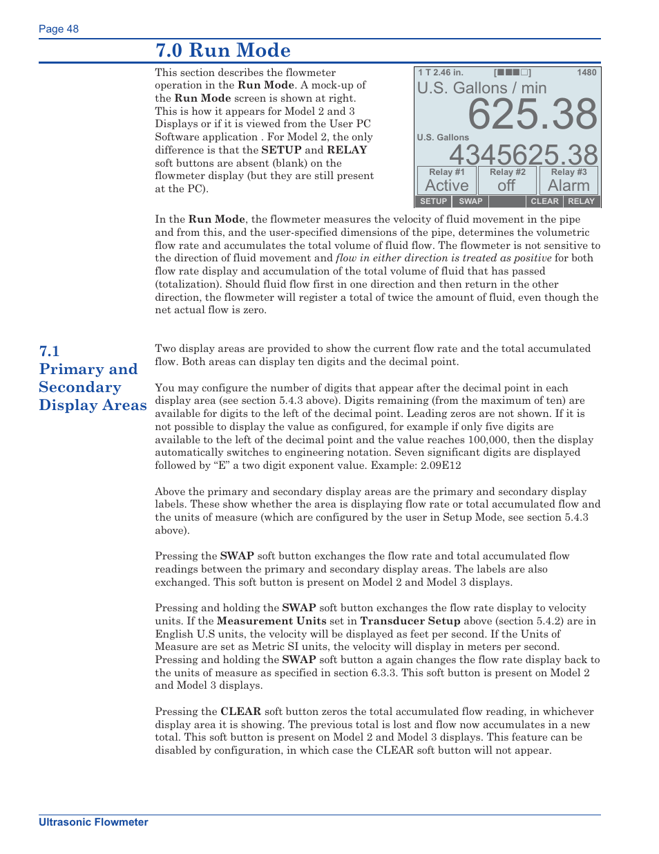 0 run mode, Alarm, Active | U.s. gallons / min | Xylem FM500 ULTRASONIC FLOW METERS User Manual | Page 48 / 74