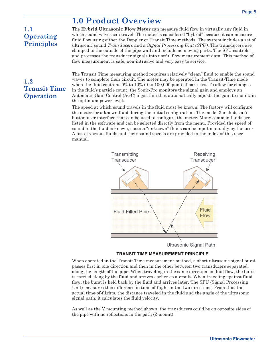 0 product overview, 2 transit time operation 1.1 operating principles | Xylem FM500 ULTRASONIC FLOW METERS User Manual | Page 5 / 74