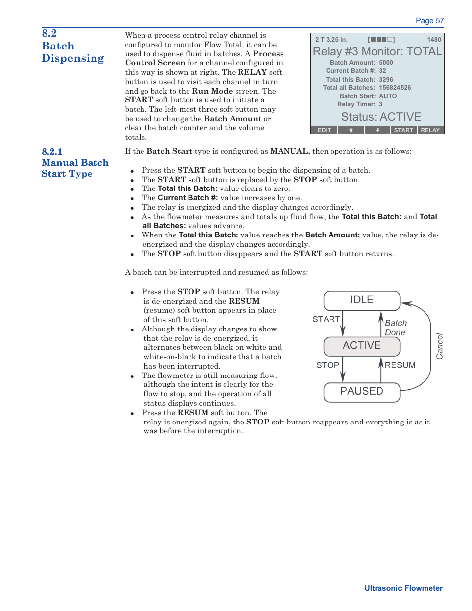 Relay #3 monitor: total, Status: active, 2 batch dispensing | Xylem FM500 ULTRASONIC FLOW METERS User Manual | Page 57 / 74