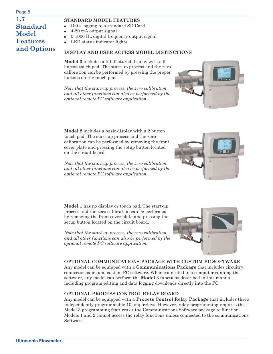 7 standard model features and options | Xylem FM500 ULTRASONIC FLOW METERS User Manual | Page 8 / 74