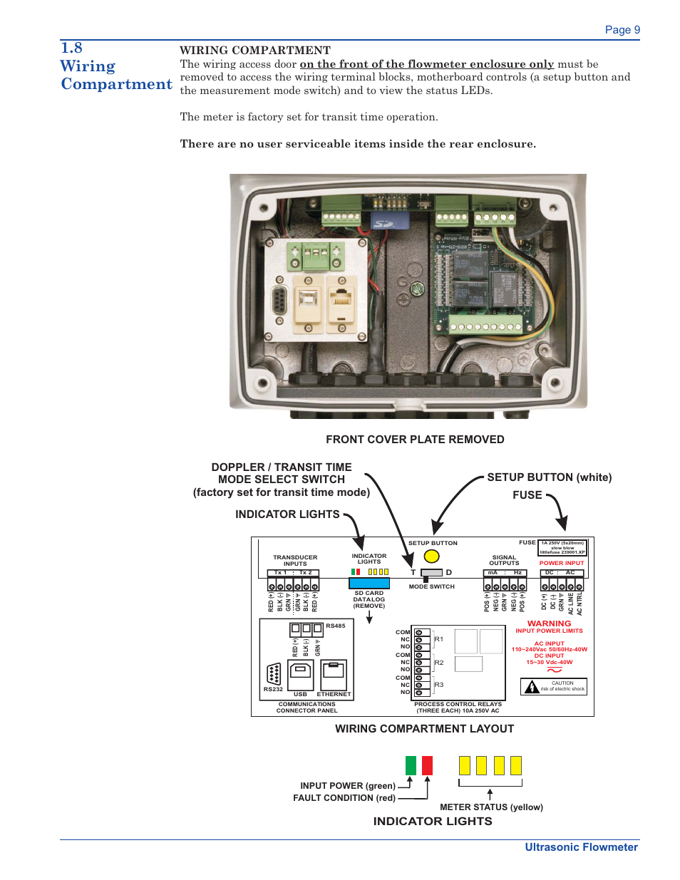 8 wiring compartment, Page 9, Wiring compartment layout indicator lights | Xylem FM500 ULTRASONIC FLOW METERS User Manual | Page 9 / 74