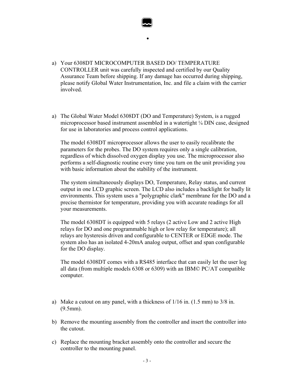 Global water | Xylem 6308DT INDUSTRIAL DISSOLVED OXYGEN TRANSMITTERS User Manual | Page 3 / 21