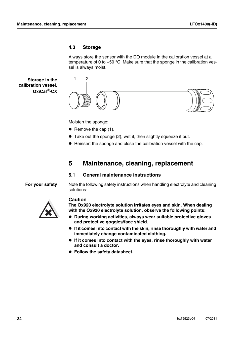 5 maintenance, cleaning, replacement, 1 general maintenance instructions, Storage | Maintenance, cleaning, replacement, General maintenance instructions, 5maintenance, cleaning, replacement | Xylem LFOx1400_LFOx1400-ID User Manual | Page 10 / 26