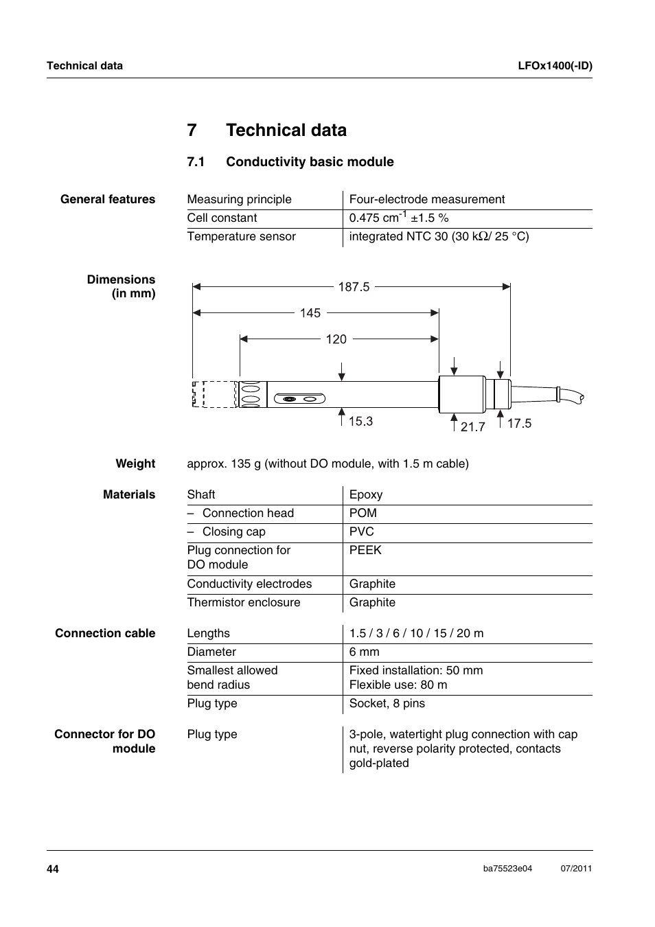 7 technical data, 1 conductivity basic module, Technical data | Conductivity basic module, In chapter 7 t, Echnical, Data, Chapter 7 t, 7technical data | Xylem LFOx1400_LFOx1400-ID User Manual | Page 20 / 26