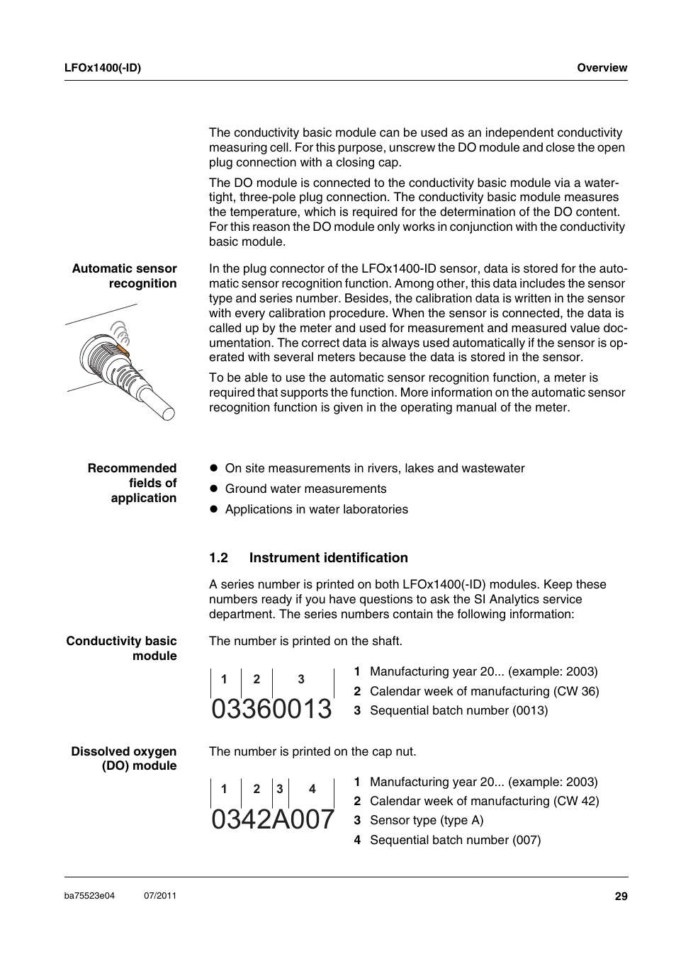 2 instrument identification, Instrument identification | Xylem LFOx1400_LFOx1400-ID User Manual | Page 5 / 26