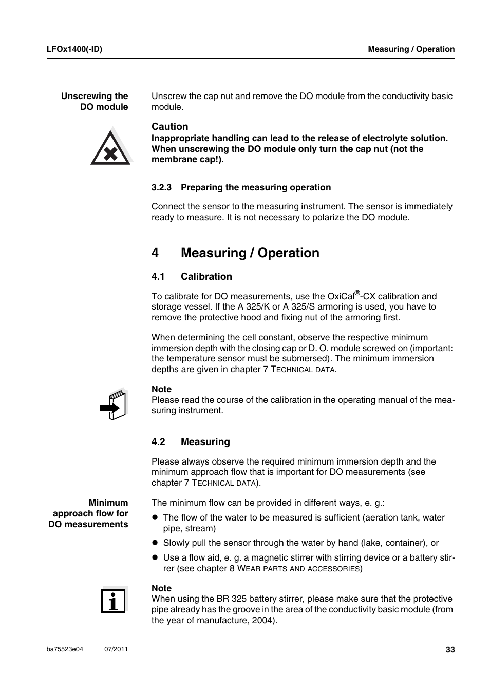 4 measuring / operation, 1 calibration, 2 measuring | Measuring / operation, Calibration, Measuring, 4measuring / operation | Xylem LFOx1400_LFOx1400-ID User Manual | Page 9 / 26