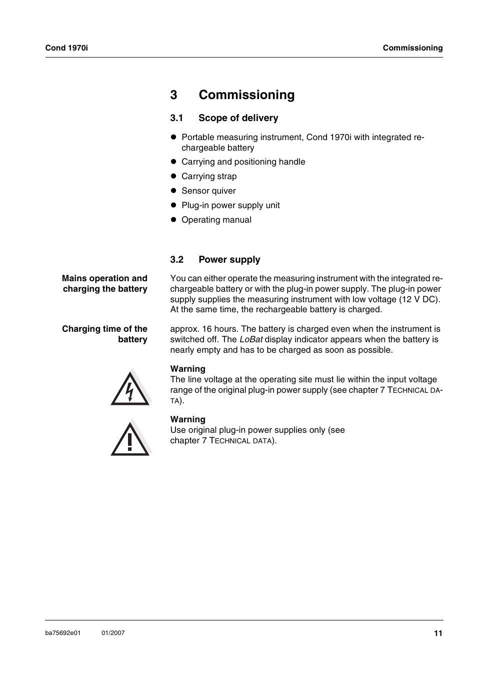 3 commissioning, 1 scope of delivery, 2 power supply | Commissioning, Scope of delivery, Power supply, 3commissioning | Xylem Cond 1970i User Manual | Page 11 / 67