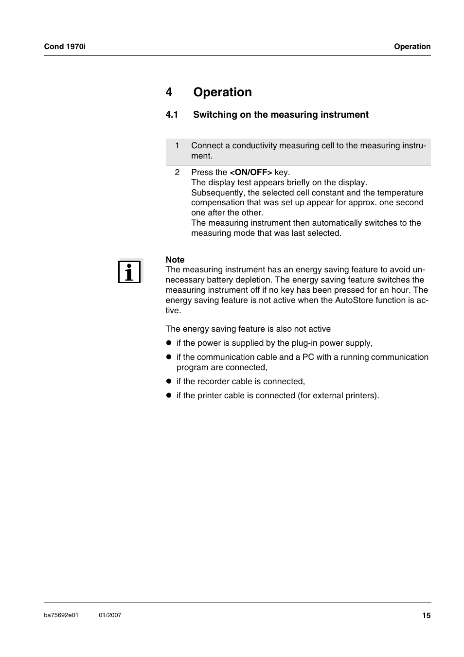 4 operation, 1 switching on the measuring instrument, Operation | Switching on the measuring instrument, 4operation | Xylem Cond 1970i User Manual | Page 15 / 67