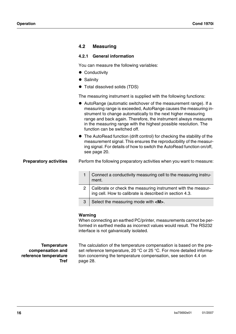 2 measuring, 1 general information, Measuring 4.2.1 | General information | Xylem Cond 1970i User Manual | Page 16 / 67