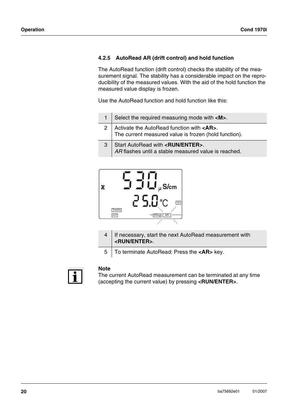 5 autoread ar (drift control) and hold function, Autoread ar (drift control) and hold function | Xylem Cond 1970i User Manual | Page 20 / 67