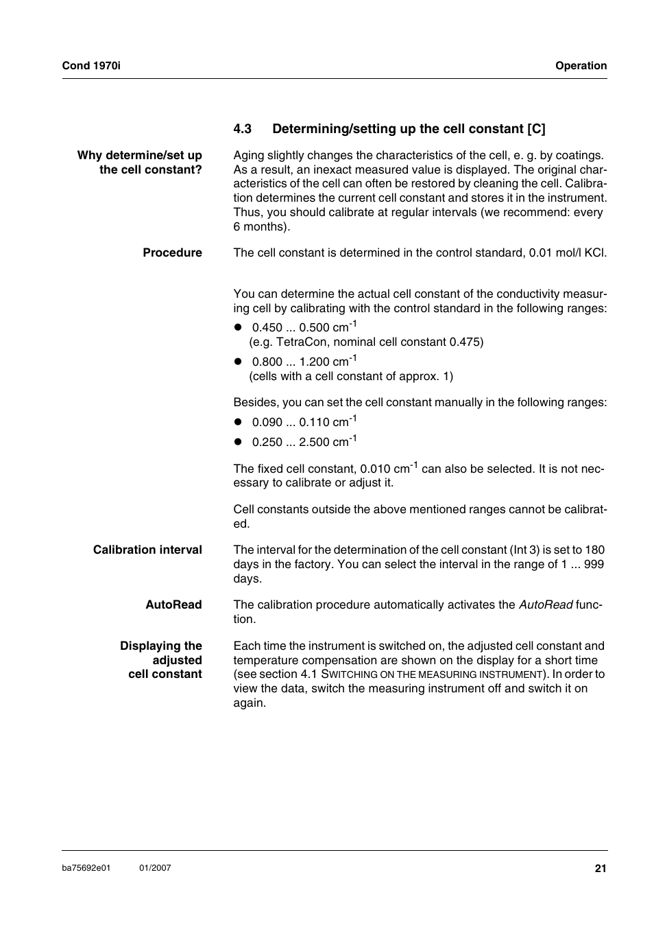 3 determining/setting up the cell constant [c, Determining/setting up the cell constant [c, Section 4.3 | Xylem Cond 1970i User Manual | Page 21 / 67