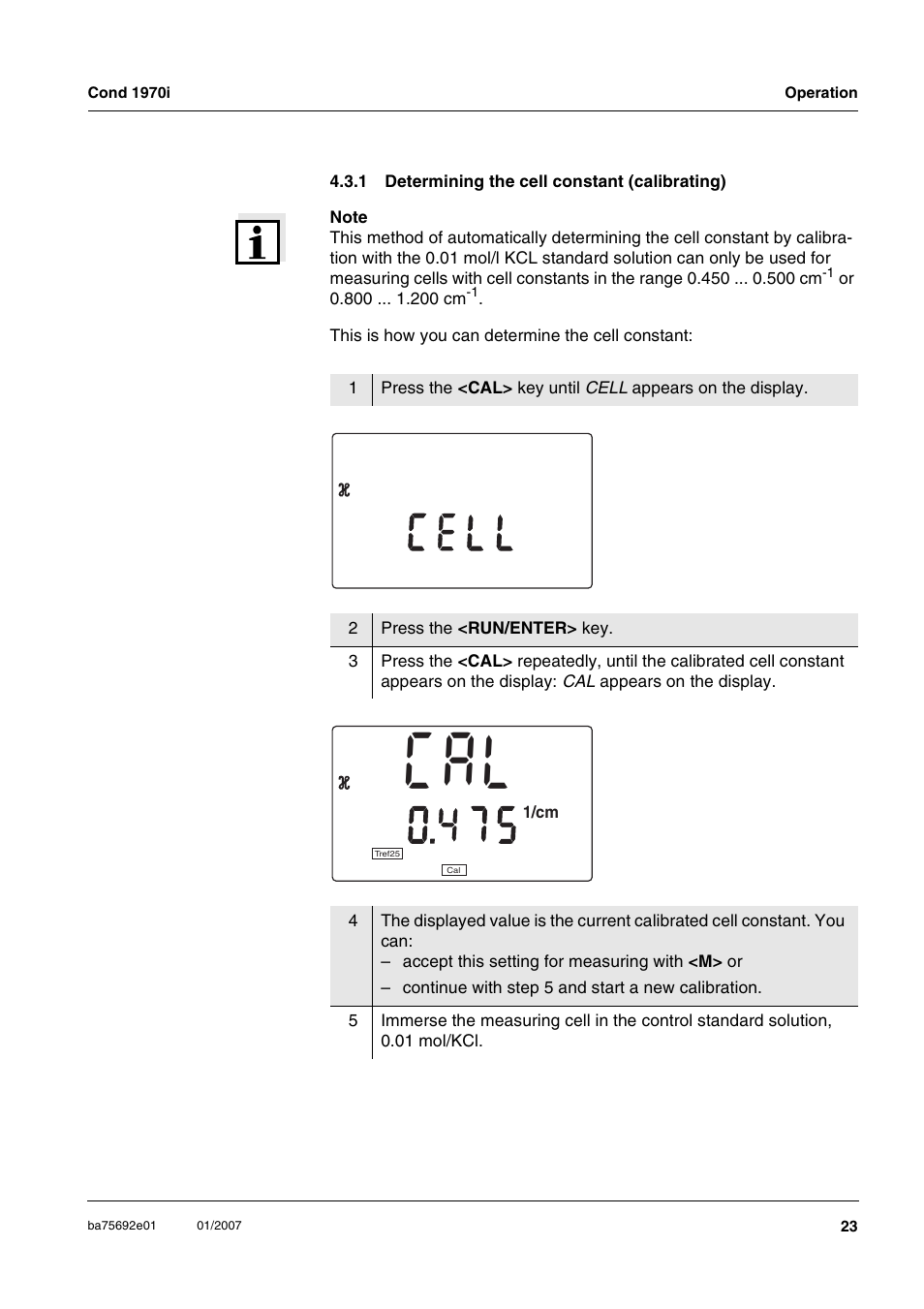 1 determining the cell constant (calibrating), Determining the cell constant (calibrating), C t 1 1 | E l l c | Xylem Cond 1970i User Manual | Page 23 / 67