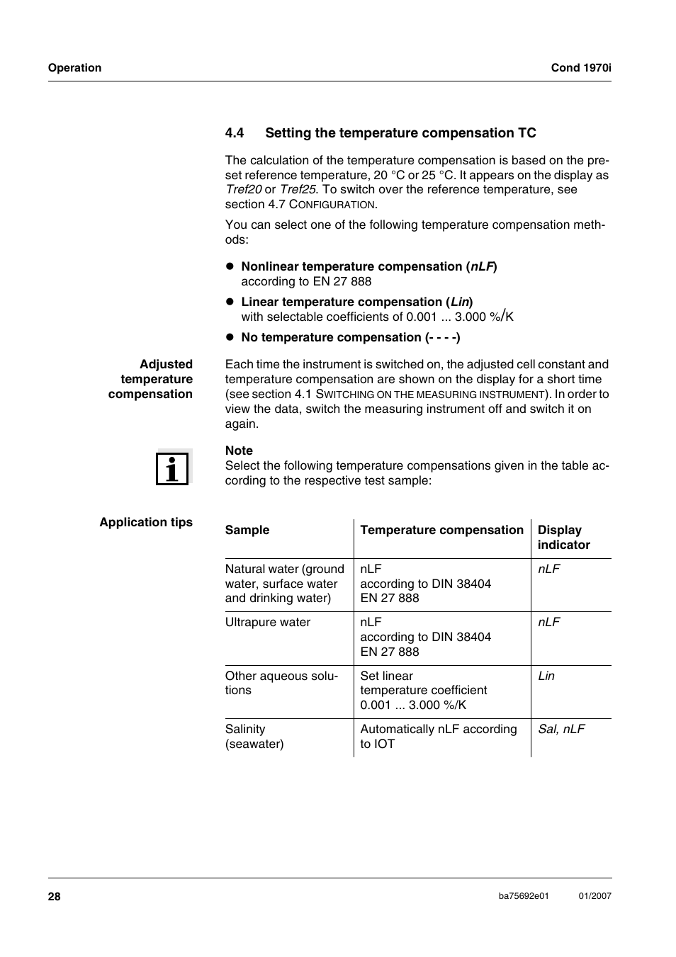 4 setting the temperature compensation tc, Setting the temperature compensation tc, N, see section 4.4 | Xylem Cond 1970i User Manual | Page 28 / 67