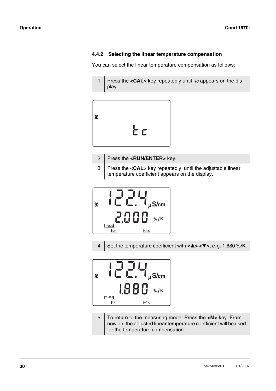 2 selecting the linear temperature compensation, Selecting the linear temperature compensation 30, C t 1 1 | Xylem Cond 1970i User Manual | Page 30 / 67