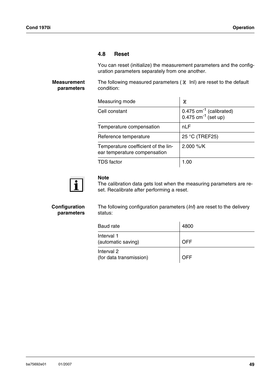 8 reset, Reset | Xylem Cond 1970i User Manual | Page 49 / 67