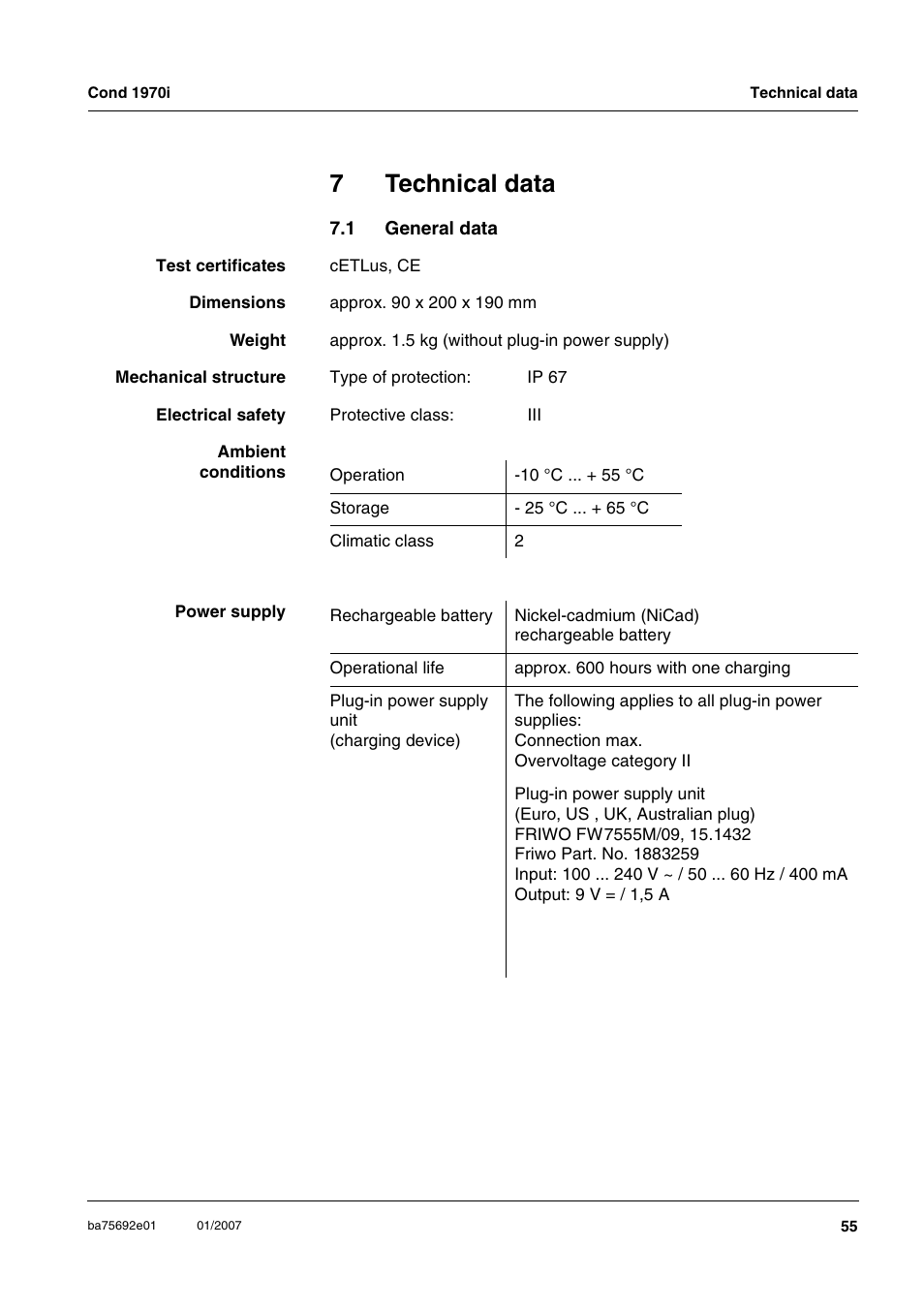 7 technical data, 1 general data, Technical data | General data, In chapter 7 t, Echnical, Data, Must, Ee chapter 7 t, Chapter 7 t | Xylem Cond 1970i User Manual | Page 55 / 67