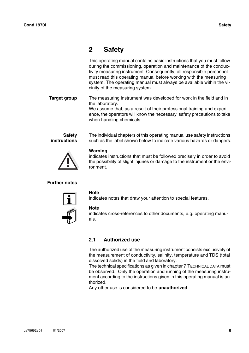 2 safety, 1 authorized use, Safety | Authorized use, 2safety | Xylem Cond 1970i User Manual | Page 9 / 67