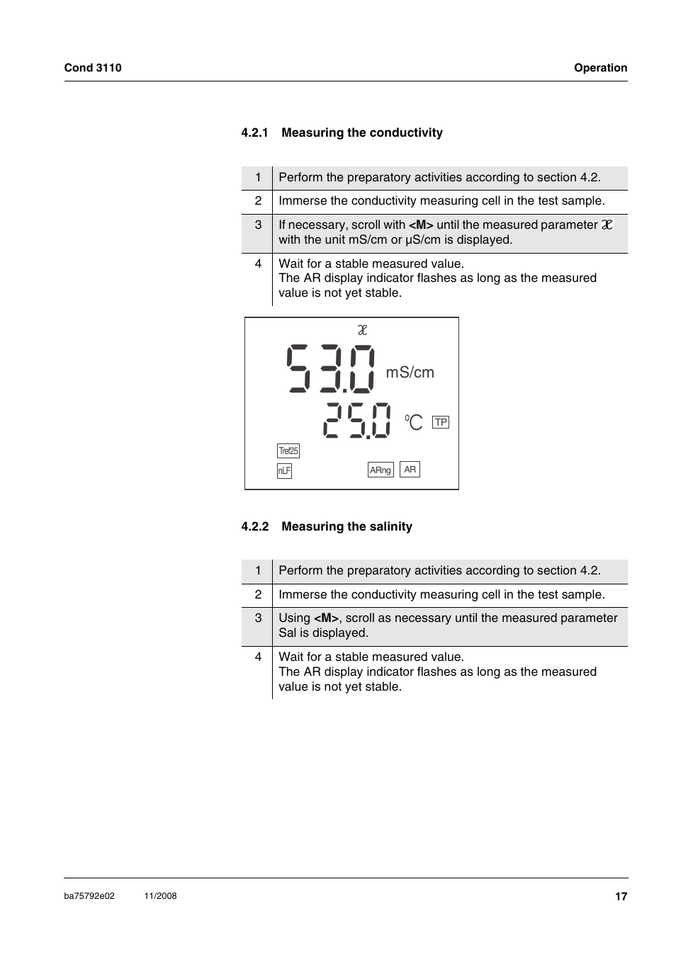 1 measuring the conductivity, 2 measuring the salinity, Measuring the conductivity | Measuring the salinity | Xylem COND3110 HANDHELD CONDUCTIVITY METERS User Manual | Page 17 / 41