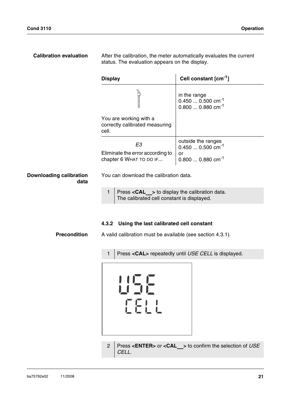 2 using the last calibrated cell constant, Using the last calibrated cell constant, Es u | Lc l e | Xylem COND3110 HANDHELD CONDUCTIVITY METERS User Manual | Page 21 / 41