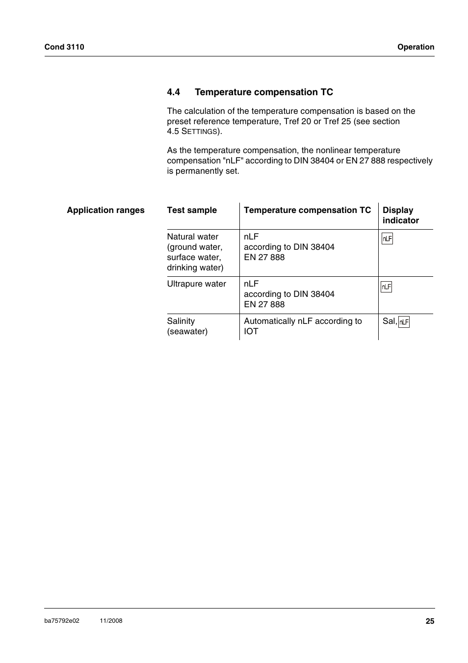 4 temperature compensation tc, Temperature compensation tc | Xylem COND3110 HANDHELD CONDUCTIVITY METERS User Manual | Page 25 / 41