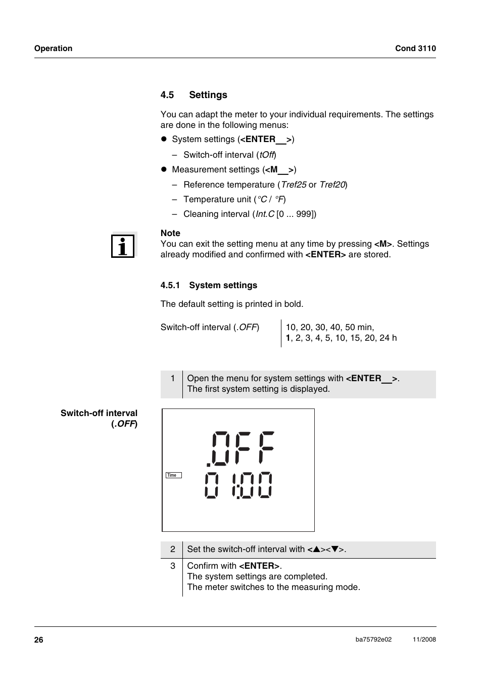 5 settings, 1 system settings, Settings 4.5.1 | System settings | Xylem COND3110 HANDHELD CONDUCTIVITY METERS User Manual | Page 26 / 41