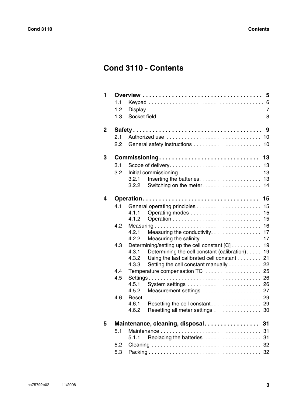 Cond 3110 - contents | Xylem COND3110 HANDHELD CONDUCTIVITY METERS User Manual | Page 3 / 41