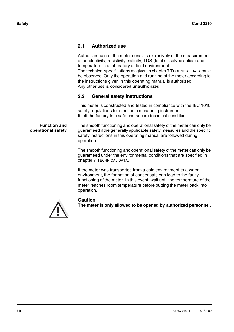 1 authorized use, 2 general safety instructions, Authorized use | General safety instructions | Xylem COND3210 HANDHELD CONDUCTIVITY METERS User Manual | Page 10 / 56