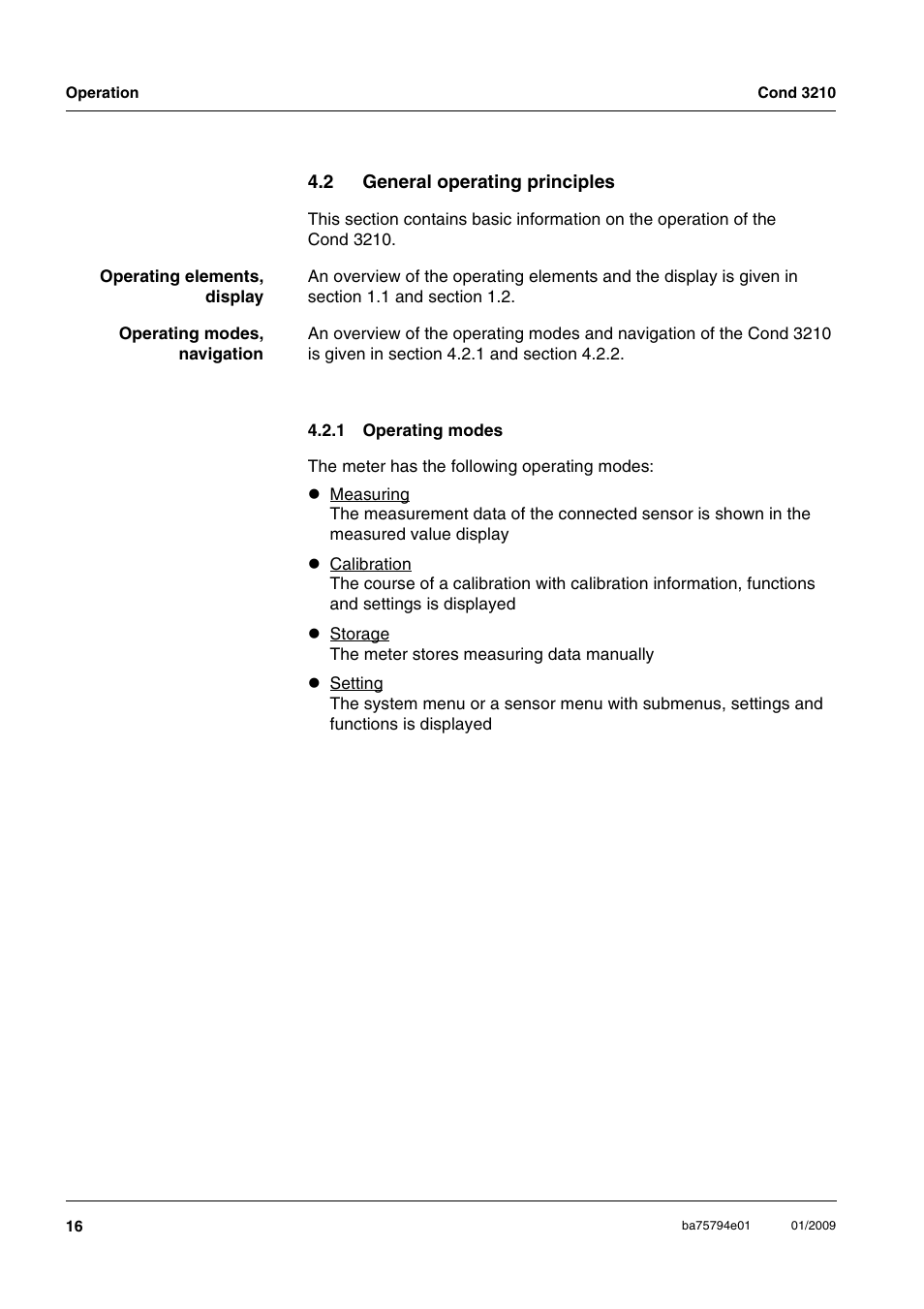 2 general operating principles, 1 operating modes, General operating principles 4.2.1 | Operating modes | Xylem COND3210 HANDHELD CONDUCTIVITY METERS User Manual | Page 16 / 56