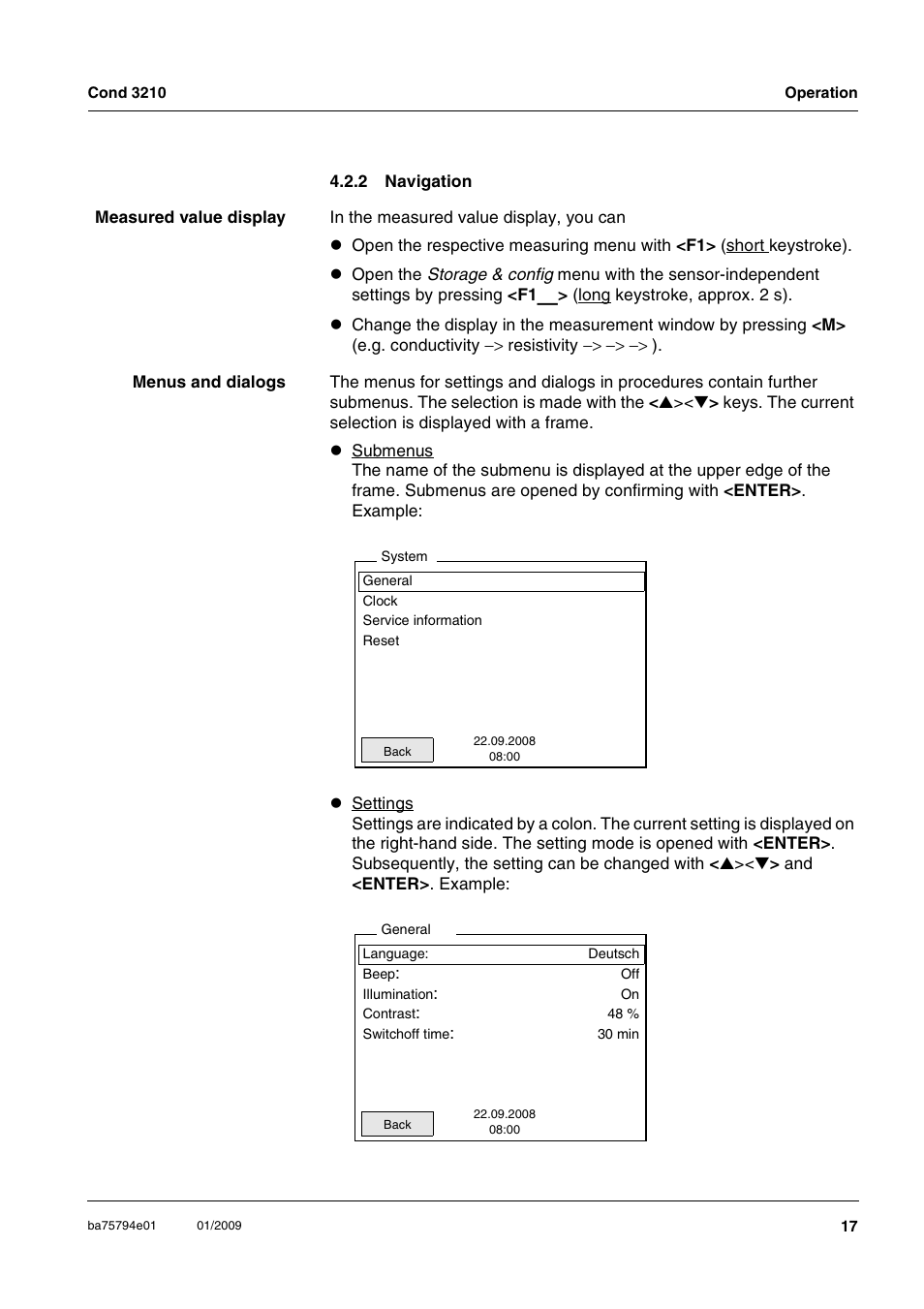 2 navigation, Navigation, Section 4.2.2 | Xylem COND3210 HANDHELD CONDUCTIVITY METERS User Manual | Page 17 / 56