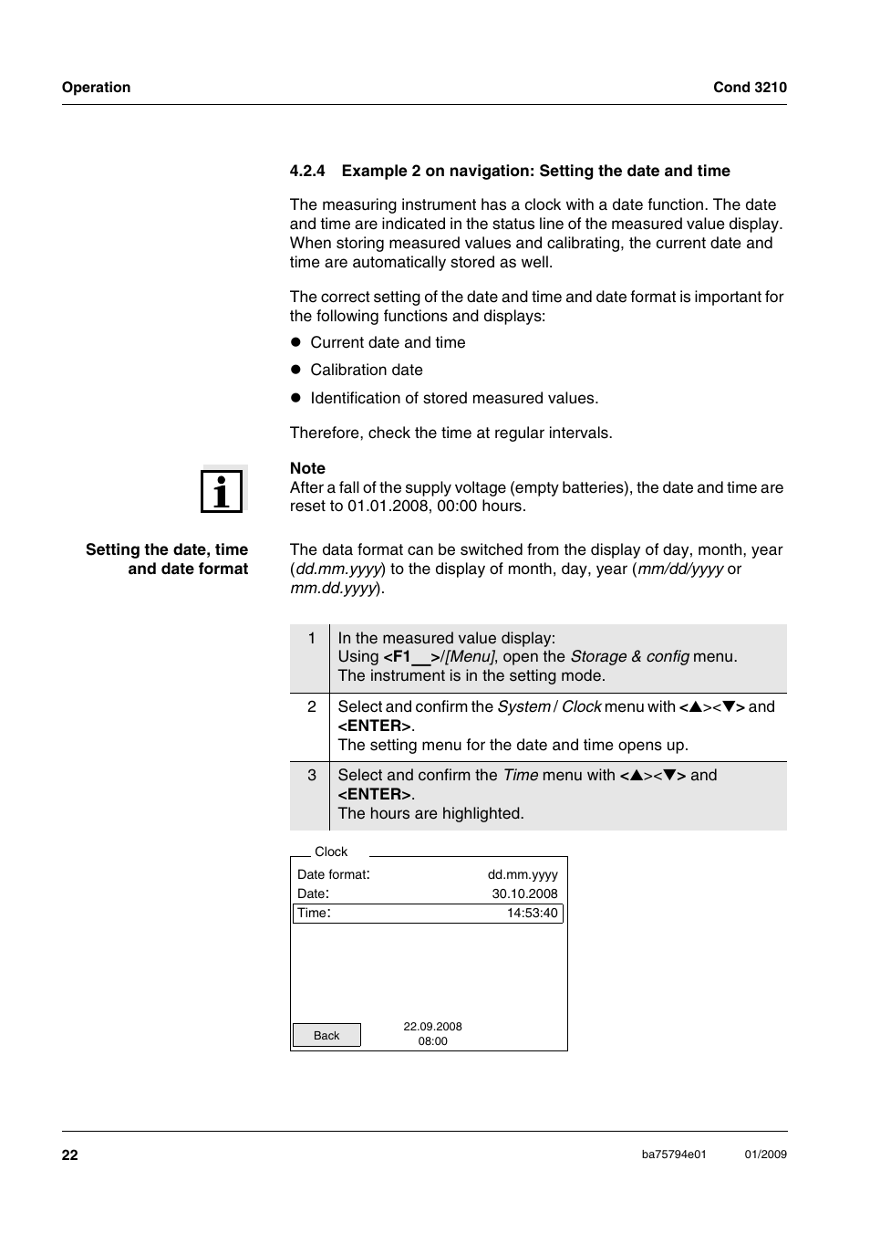 Example 2 on navigation: setting the date and time | Xylem COND3210 HANDHELD CONDUCTIVITY METERS User Manual | Page 22 / 56