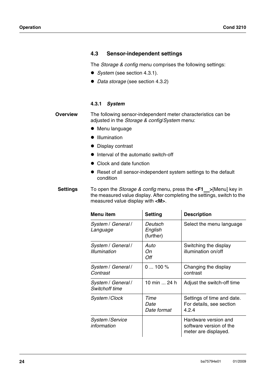 3 sensor-independent settings, 1 system, Sensor-independent settings 4.3.1 | Xylem COND3210 HANDHELD CONDUCTIVITY METERS User Manual | Page 24 / 56