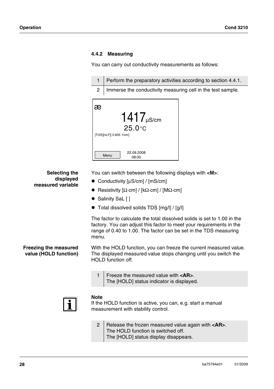 2 measuring, Measuring | Xylem COND3210 HANDHELD CONDUCTIVITY METERS User Manual | Page 28 / 56