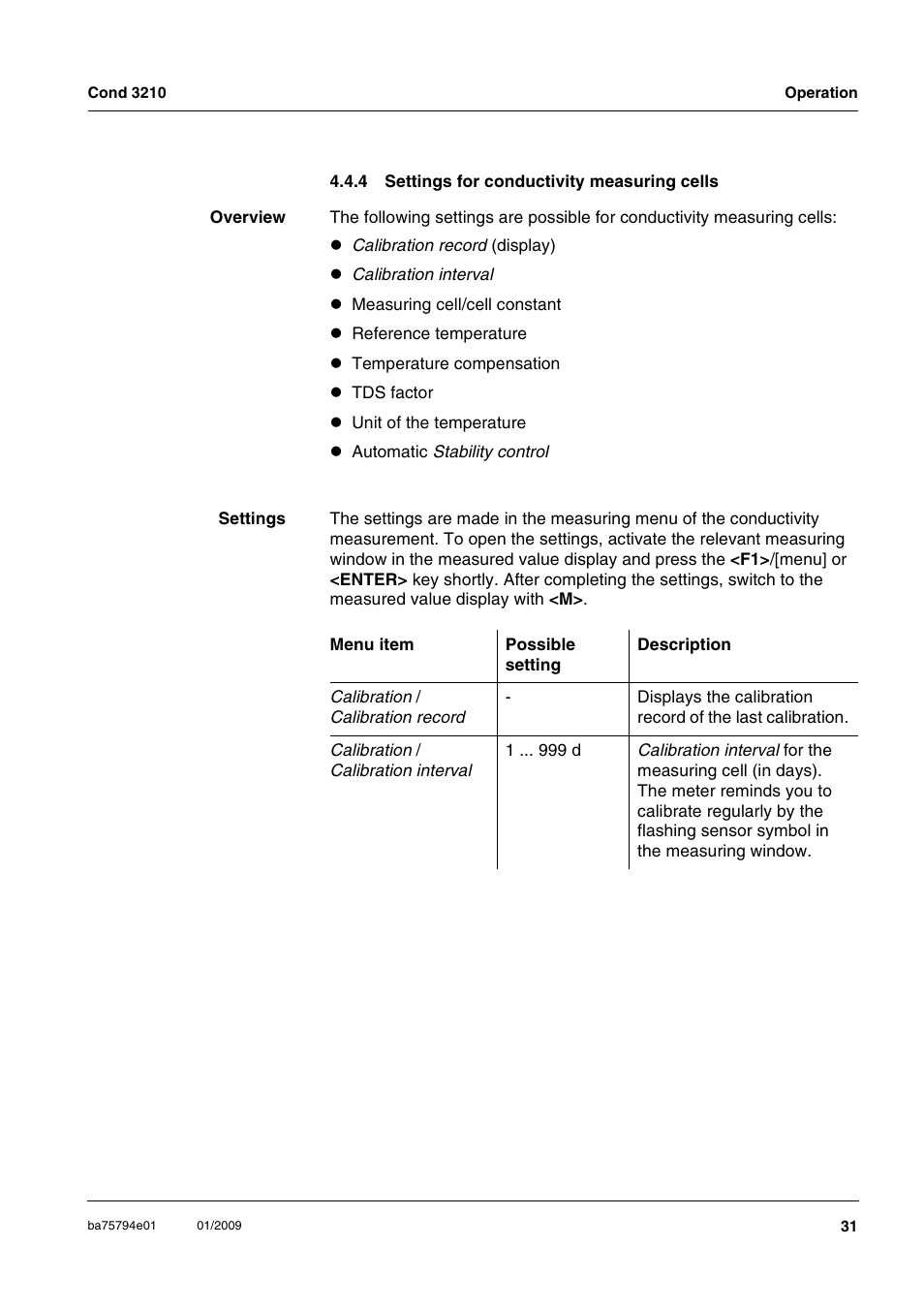 4 settings for conductivity measuring cells, Settings for conductivity measuring cells | Xylem COND3210 HANDHELD CONDUCTIVITY METERS User Manual | Page 31 / 56