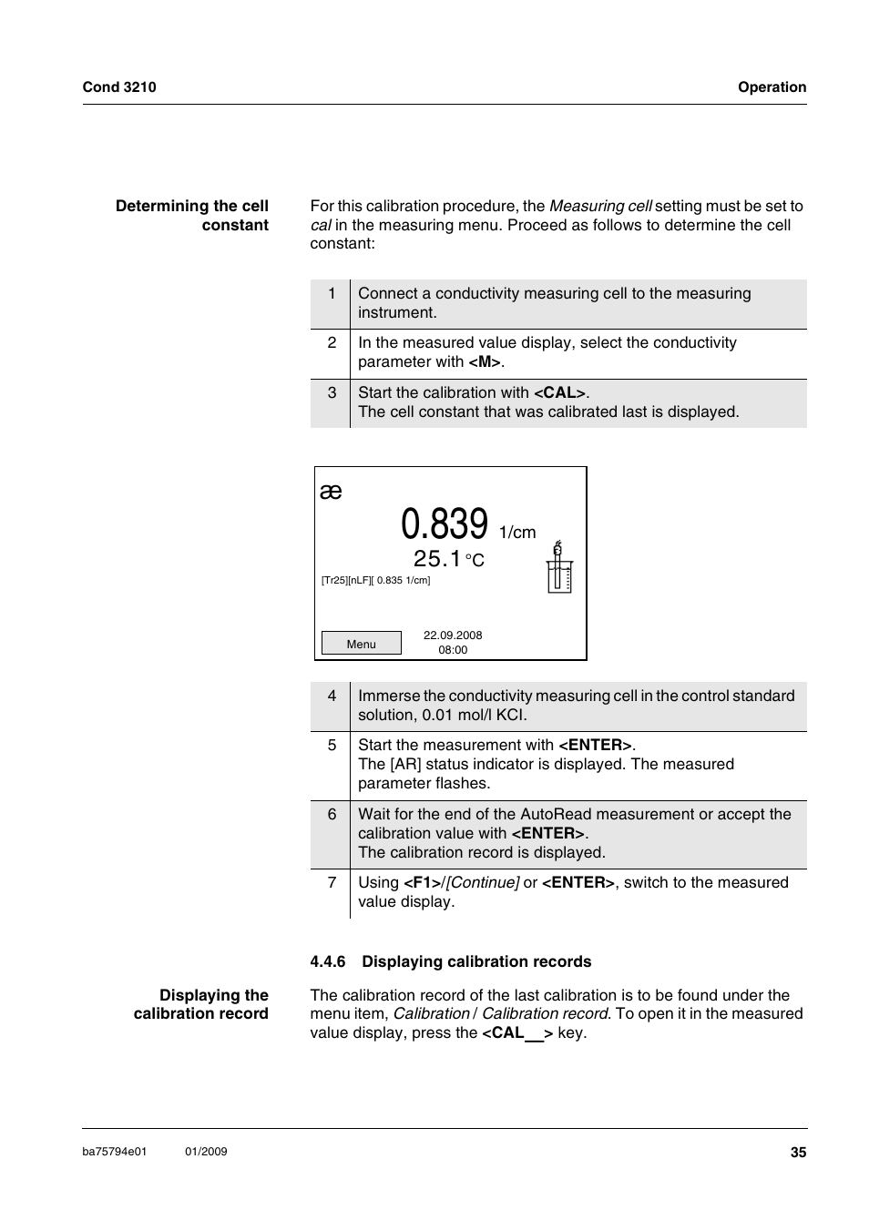 6 displaying calibration records, Displaying calibration records, Section 4.4.6) | Xylem COND3210 HANDHELD CONDUCTIVITY METERS User Manual | Page 35 / 56