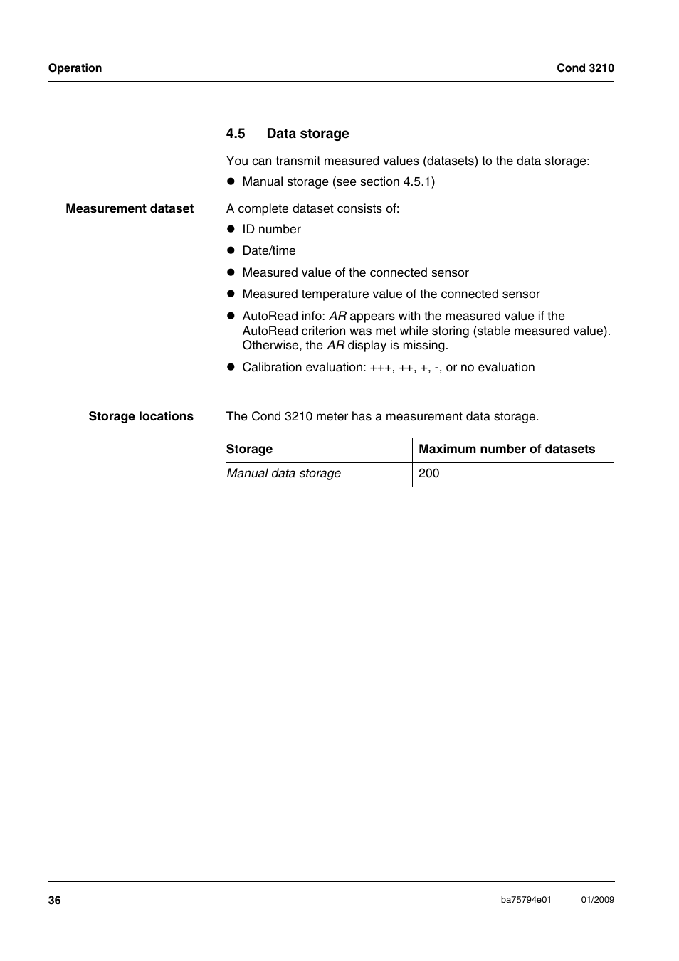5 data storage, Data storage | Xylem COND3210 HANDHELD CONDUCTIVITY METERS User Manual | Page 36 / 56
