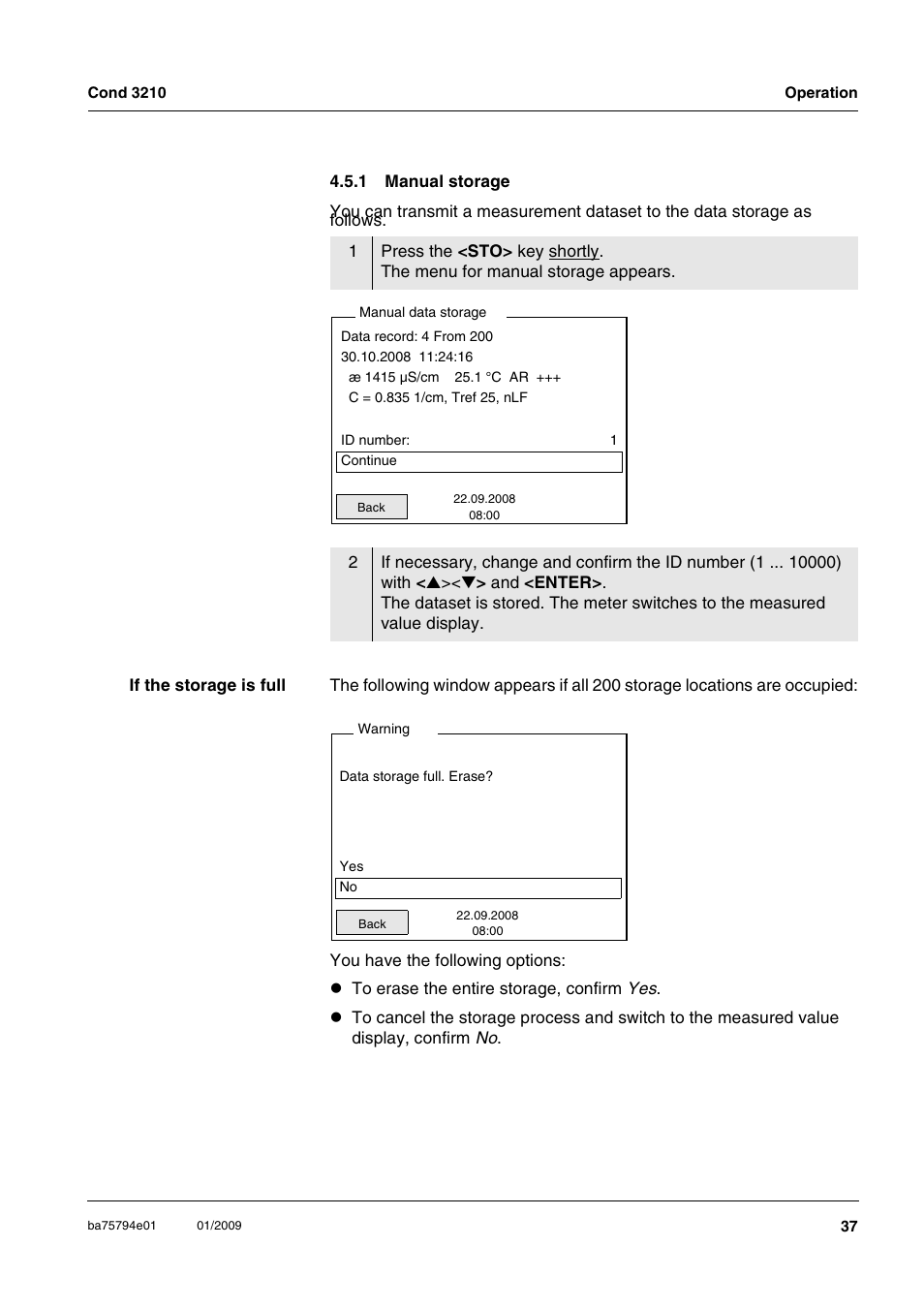 1 manual storage, Manual storage | Xylem COND3210 HANDHELD CONDUCTIVITY METERS User Manual | Page 37 / 56