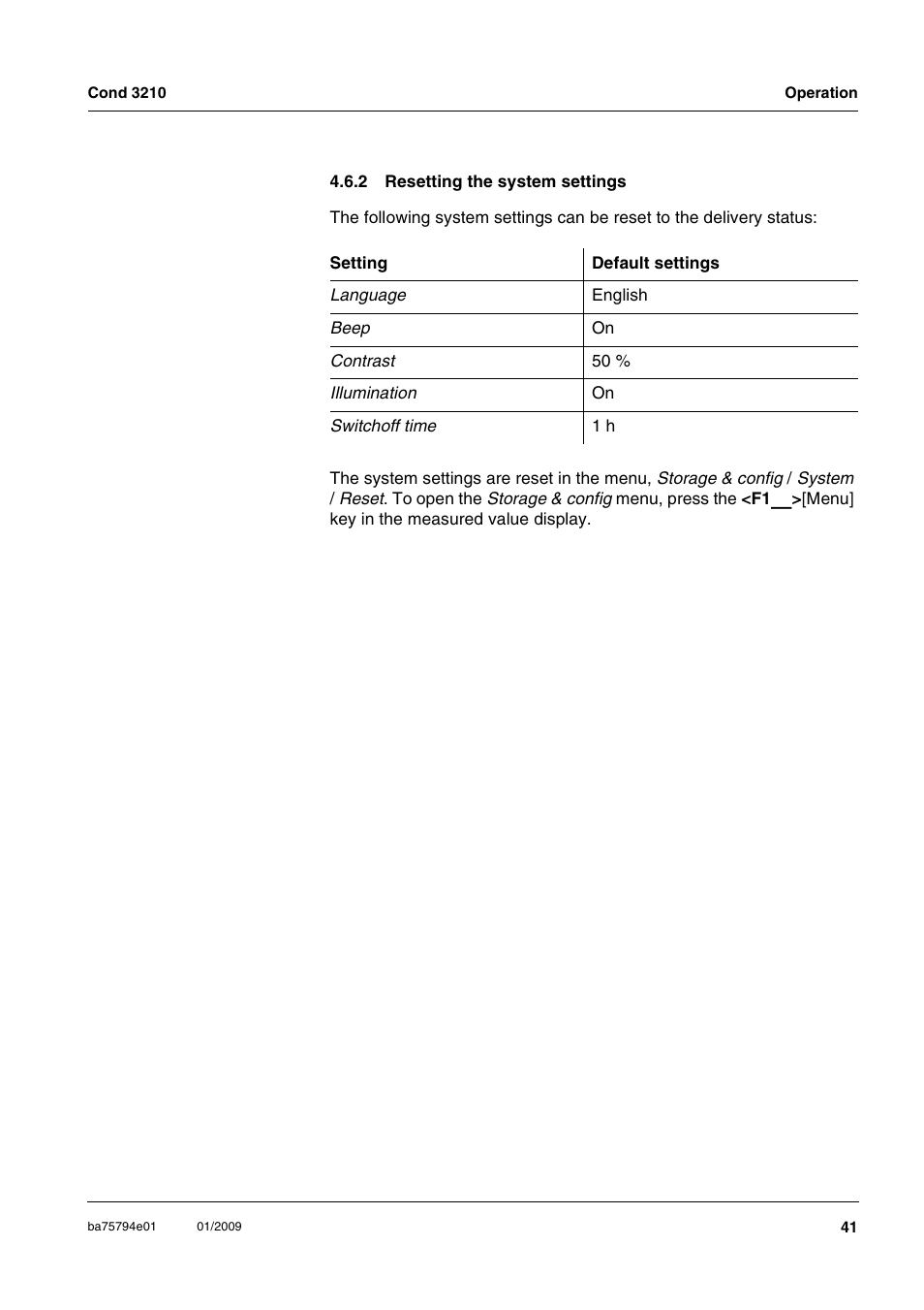 2 resetting the system settings, Resetting the system settings | Xylem COND3210 HANDHELD CONDUCTIVITY METERS User Manual | Page 41 / 56