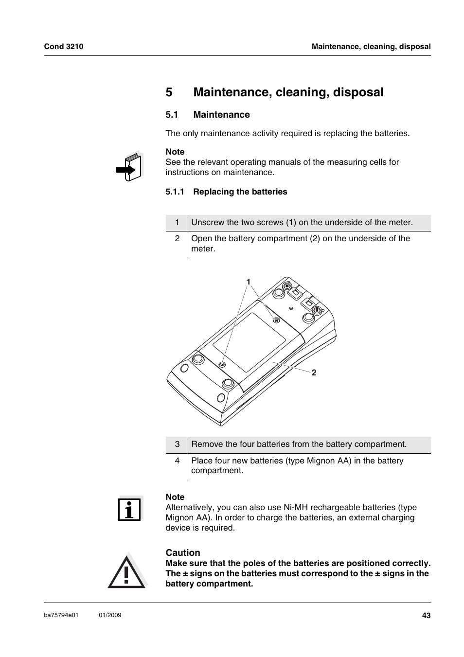 5 maintenance, cleaning, disposal, 1 maintenance, 1 replacing the batteries | Maintenance, cleaning, disposal, Maintenance 5.1.1, Replacing the batteries, 5maintenance, cleaning, disposal | Xylem COND3210 HANDHELD CONDUCTIVITY METERS User Manual | Page 43 / 56