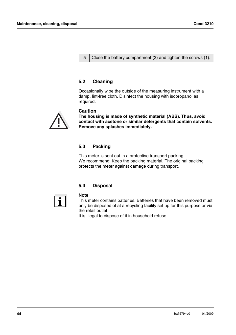2 cleaning, 3 packing, 4 disposal | Cleaning, Packing, Disposal | Xylem COND3210 HANDHELD CONDUCTIVITY METERS User Manual | Page 44 / 56