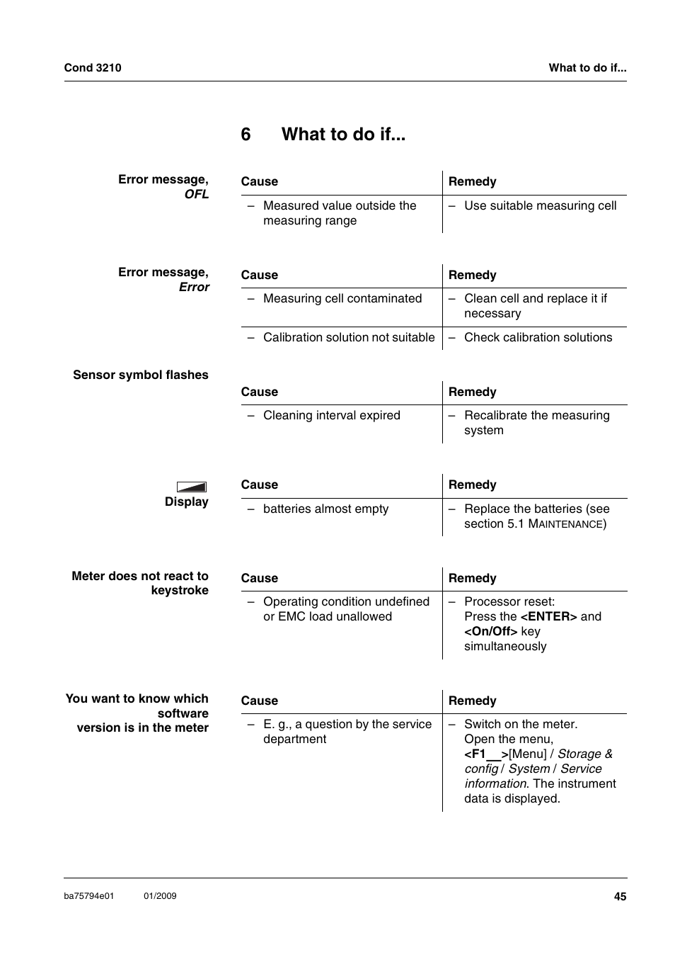 6 what to do if, What to do if, Chapter 6 w | 6what to do if | Xylem COND3210 HANDHELD CONDUCTIVITY METERS User Manual | Page 45 / 56