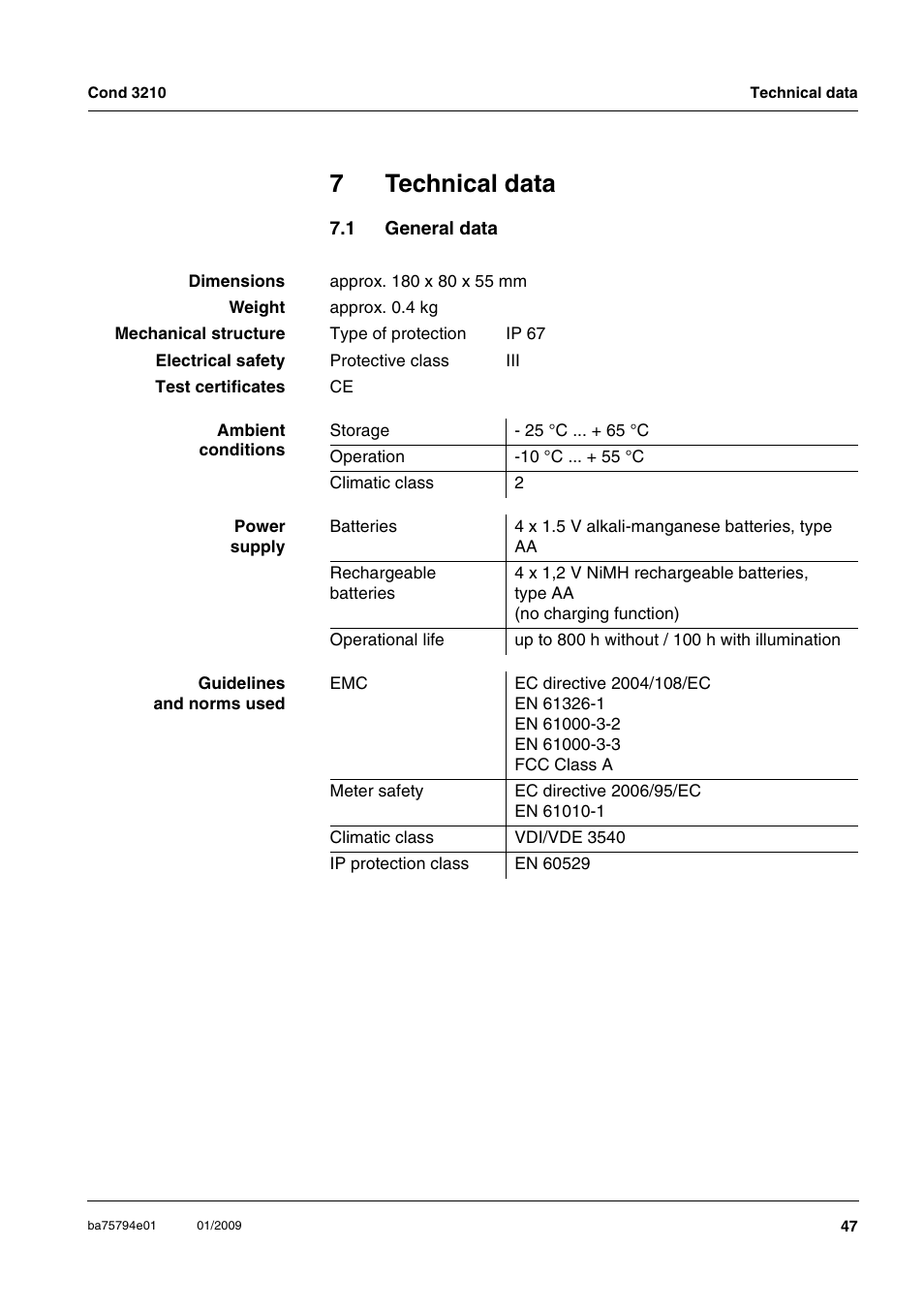 7 technical data, 1 general data, Technical data | General data, Chapter 7 t, Echnical, Data, 7technical data | Xylem COND3210 HANDHELD CONDUCTIVITY METERS User Manual | Page 47 / 56