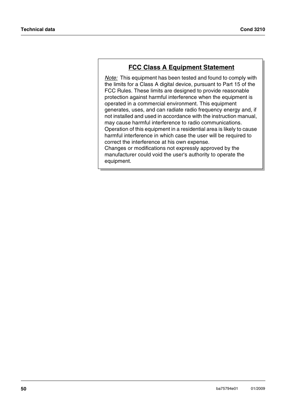 Fcc class a equipment statement | Xylem COND3210 HANDHELD CONDUCTIVITY METERS User Manual | Page 50 / 56