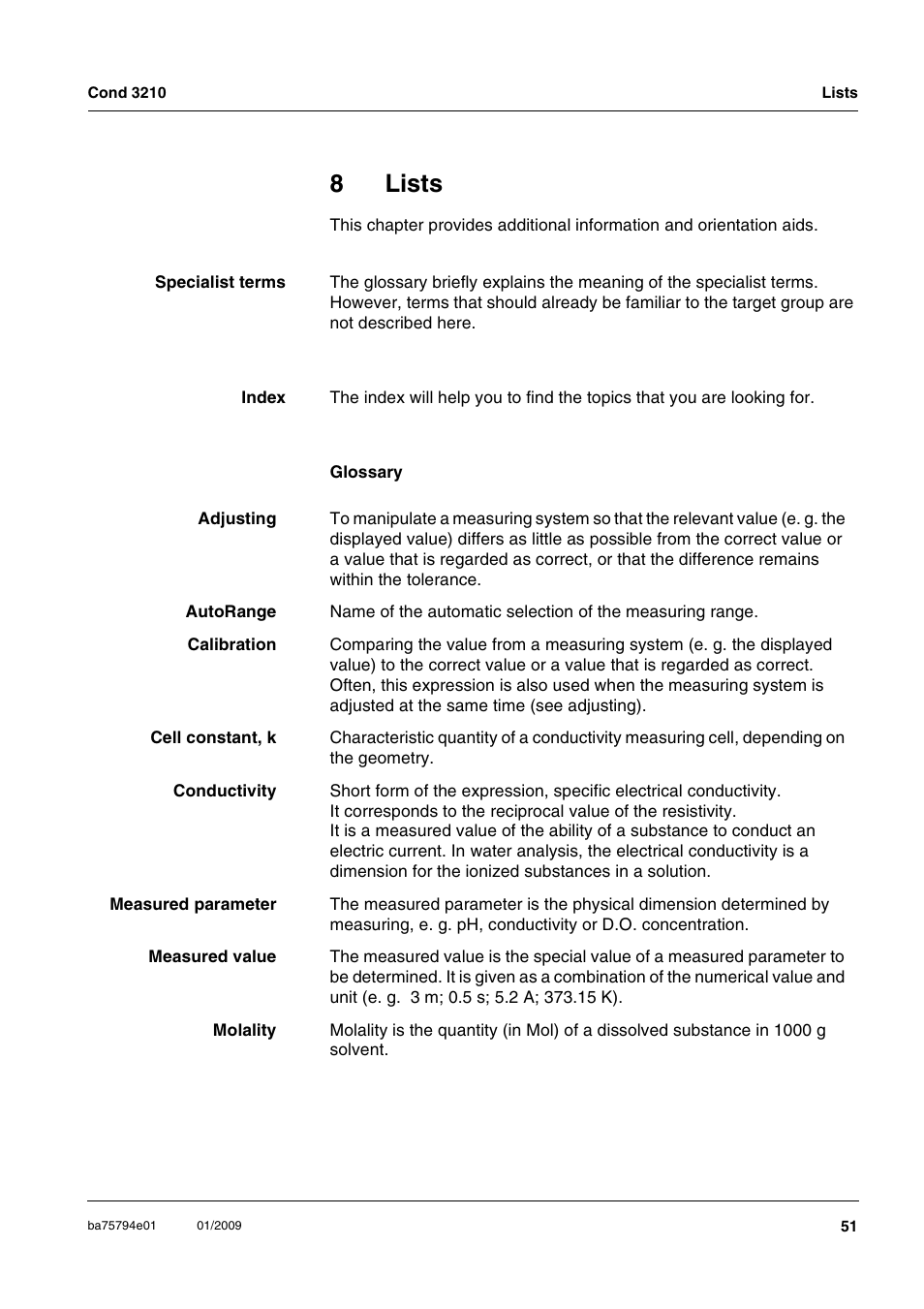 8 lists, Lists, 8lists | Xylem COND3210 HANDHELD CONDUCTIVITY METERS User Manual | Page 51 / 56