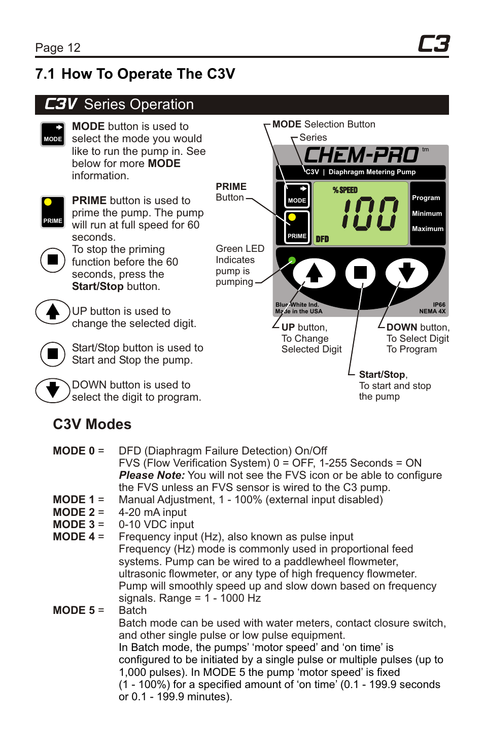 Chem-pro, 2 operating mode 1 - output adjusted manually, Series operation | 1 how to operate the c3v, C3v modes, Page 12 page 13, Mode, without saving changes, Mode 1 | Xylem C3V CHEMICAL METERING PUMPS User Manual | Page 12 / 32