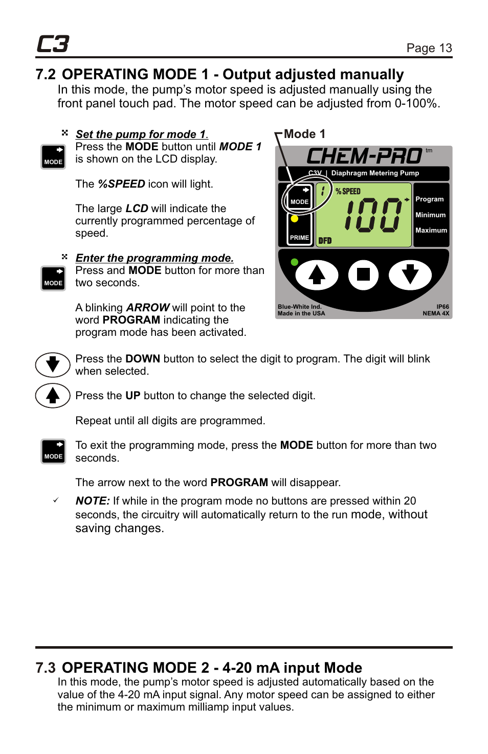 Chem-pro, 2 operating mode 1 - output adjusted manually, Series operation | 1 how to operate the c3v, C3v modes, Page 12 page 13, Mode, without saving changes, Mode 1 | Xylem C3V CHEMICAL METERING PUMPS User Manual | Page 13 / 32