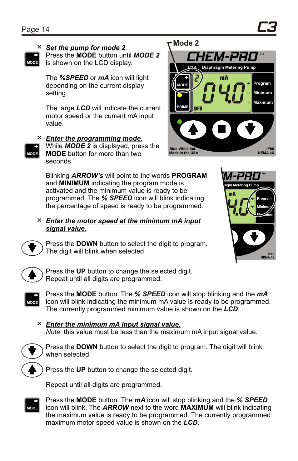 Chem-pro, Page 14 page 15, Mode 2 programming examples | Mode 2 | Xylem C3V CHEMICAL METERING PUMPS User Manual | Page 14 / 32