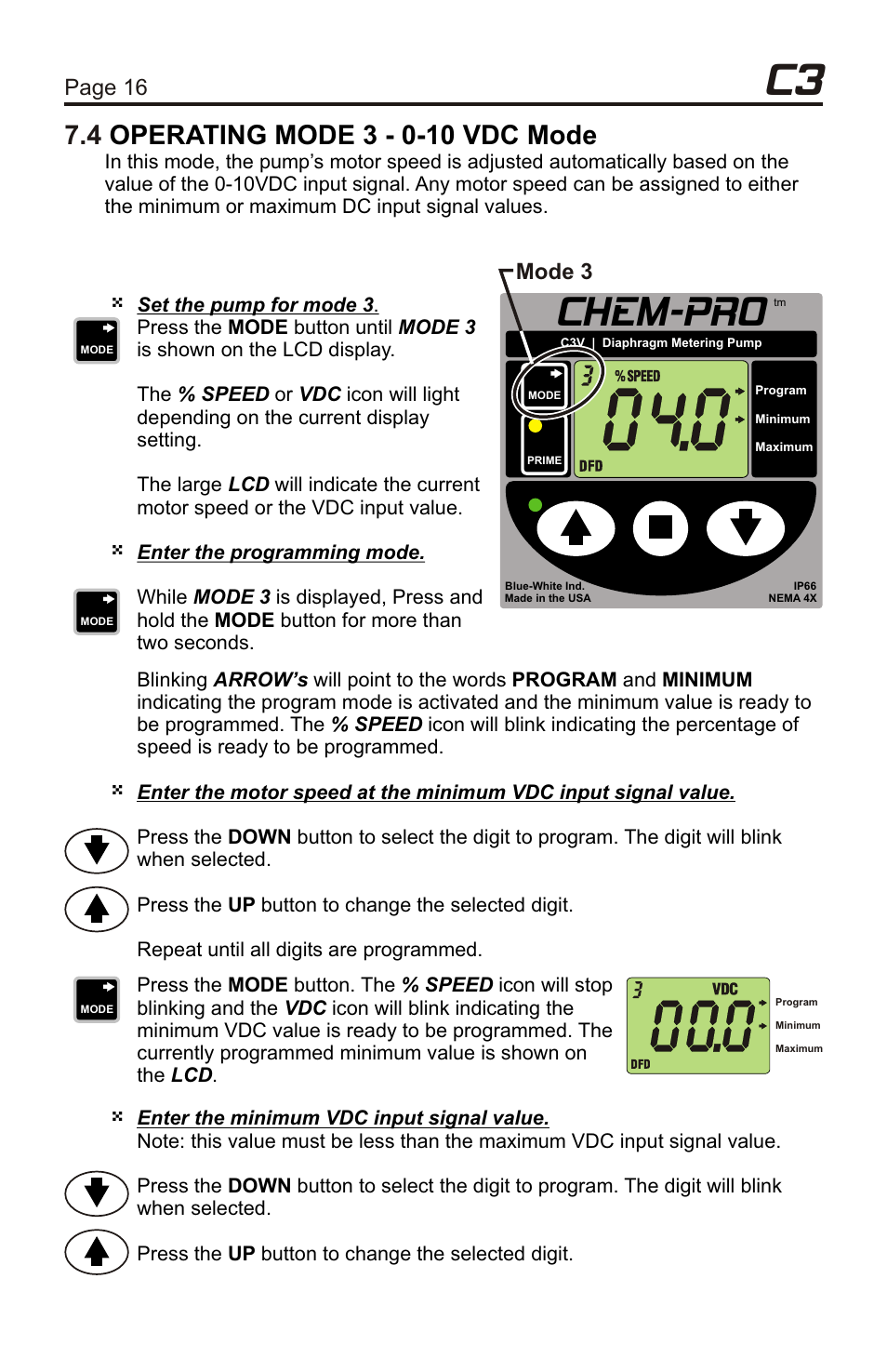 Chem-pro, Page 16 page 17, Mode 3 programming examples | Mode 3 | Xylem C3V CHEMICAL METERING PUMPS User Manual | Page 16 / 32