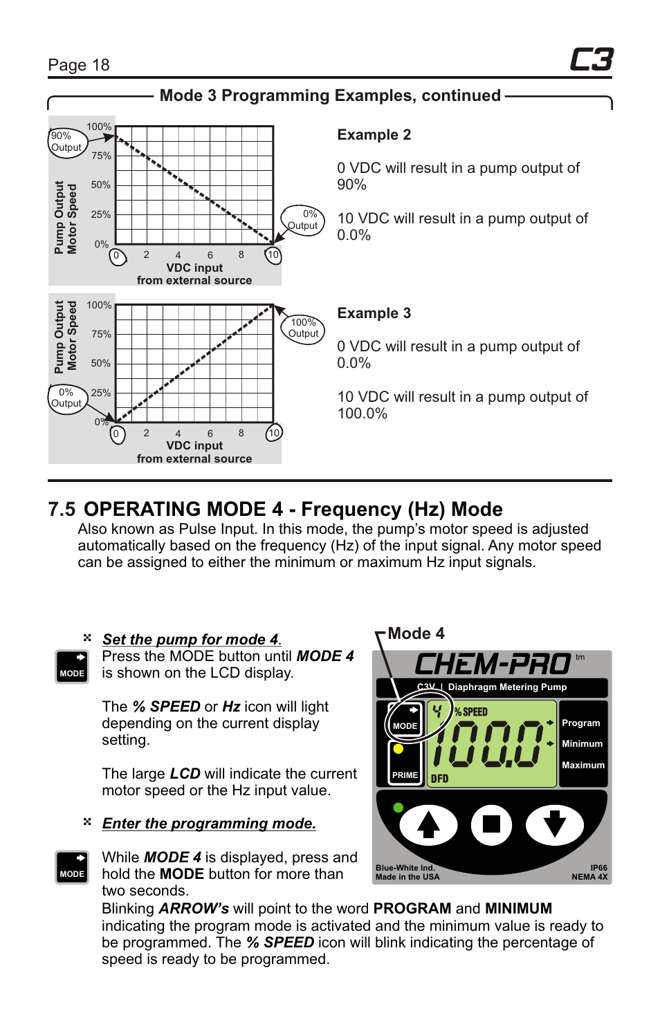Chem-pro, 5 operating mode 4 - frequency (hz) mode, Page 18 page 19 | Mode 3 programming examples, continued, Mode 4 | Xylem C3V CHEMICAL METERING PUMPS User Manual | Page 18 / 32