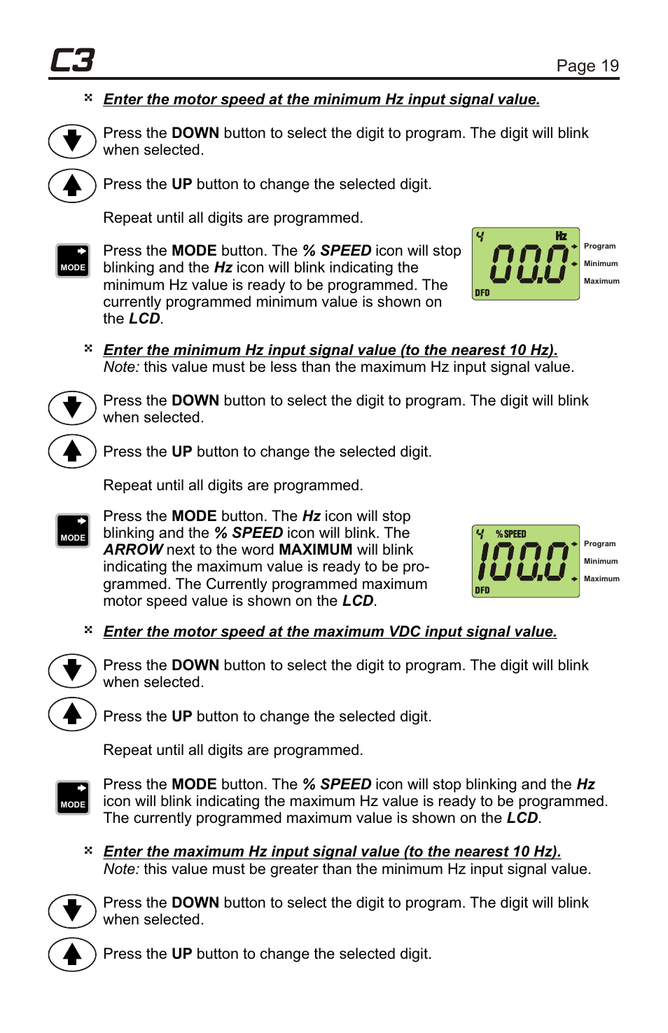 Chem-pro, 5 operating mode 4 - frequency (hz) mode, Page 18 page 19 | Mode 3 programming examples, continued, Mode 4 | Xylem C3V CHEMICAL METERING PUMPS User Manual | Page 19 / 32
