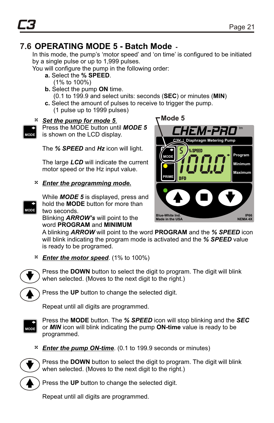 Chem-pro, Operating mode 5 - batch mode, Page 21 page 20 | Mode 5, Mode 4 programming examples | Xylem C3V CHEMICAL METERING PUMPS User Manual | Page 21 / 32